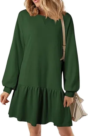 Womens Crewneck Long Sleeve Fall Dresses 2024 Trendy Mini Ruffle Skirts Casual Loose Patchwork Sweatshirt Pullover Tops