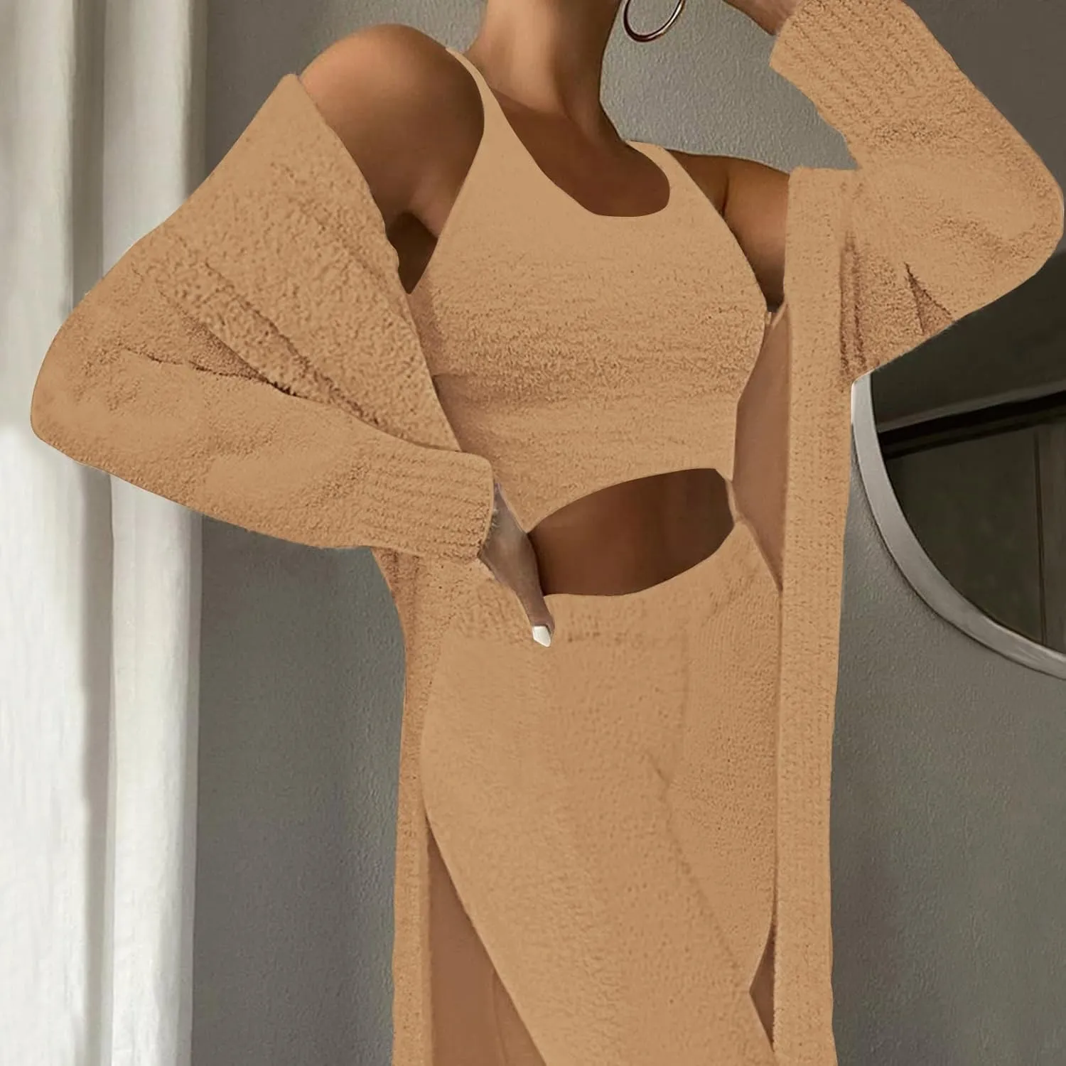 Women's Fuzzy 3 Piece Sweatsuit Open Front Cardigan Crop Tank Tops Wide Legs Pants Lounge Sets