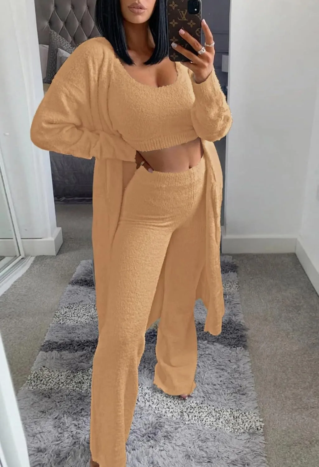 Women's Fuzzy 3 Piece Sweatsuit Open Front Cardigan Crop Tank Tops Wide Legs Pants Lounge Sets