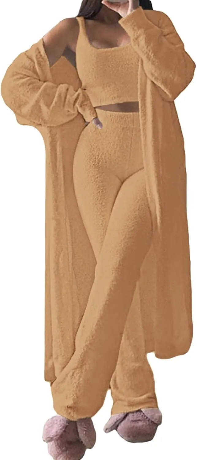 Women's Fuzzy 3 Piece Sweatsuit Open Front Cardigan Crop Tank Tops Wide Legs Pants Lounge Sets