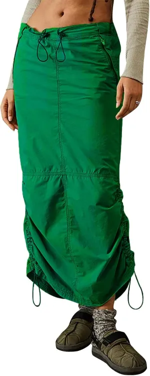 Womens High Waist Cargo Maxi Skirt Y2K Drawstring Back Vintage Ruched Slit Long Skirt with Pockets