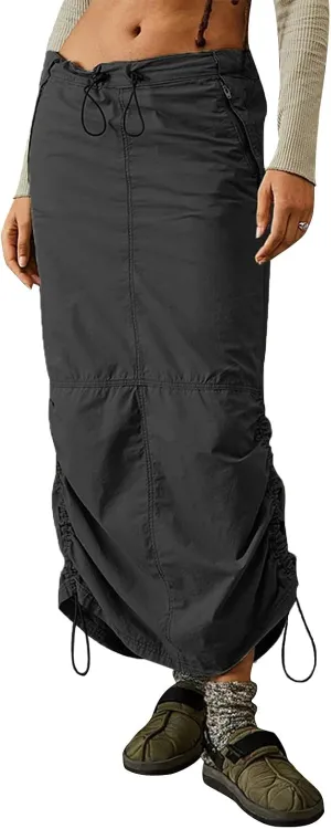 Womens High Waist Cargo Maxi Skirt Y2K Drawstring Back Vintage Ruched Slit Long Skirt with Pockets