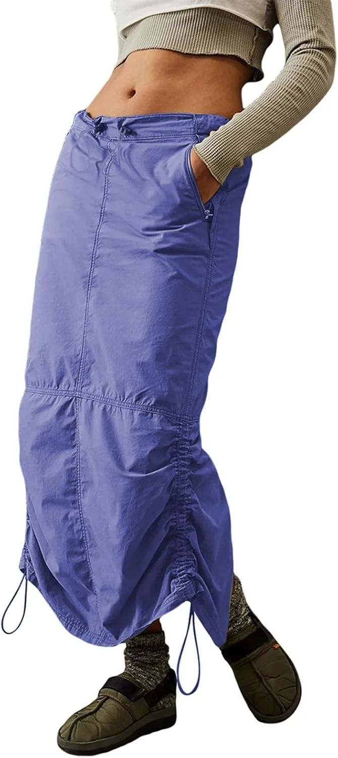 Womens High Waist Cargo Maxi Skirt Y2K Drawstring Back Vintage Ruched Slit Long Skirt with Pockets