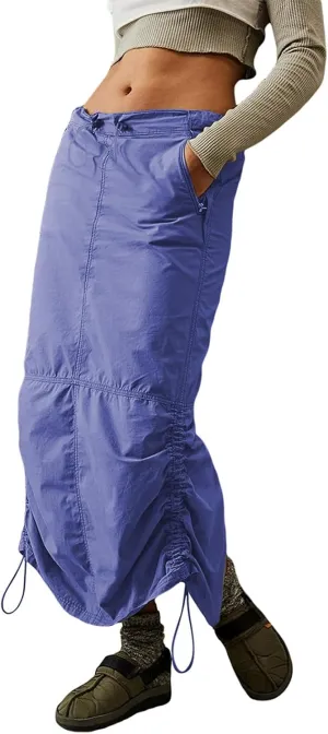 Womens High Waist Cargo Maxi Skirt Y2K Drawstring Back Vintage Ruched Slit Long Skirt with Pockets