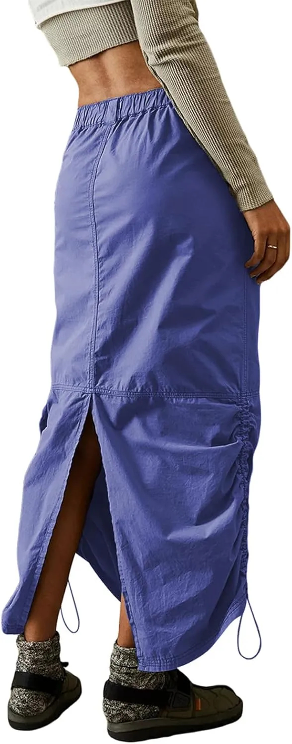 Womens High Waist Cargo Maxi Skirt Y2K Drawstring Back Vintage Ruched Slit Long Skirt with Pockets