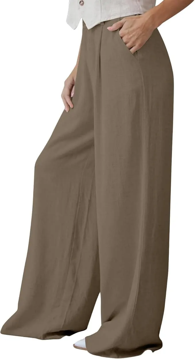 Womens High Waist Drape Button Wide-Leg Pants Casual Dress Trendy Office Work Palazzo Trousers Loose Stretch Pant