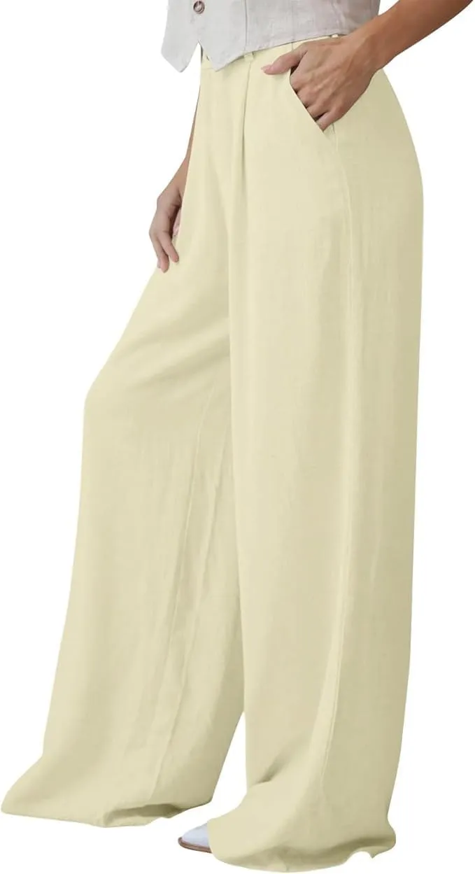 Womens High Waist Drape Button Wide-Leg Pants Casual Dress Trendy Office Work Palazzo Trousers Loose Stretch Pant