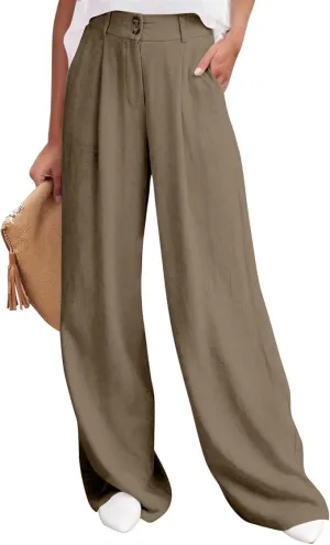 Womens High Waist Drape Button Wide-Leg Pants Casual Dress Trendy Office Work Palazzo Trousers Loose Stretch Pant