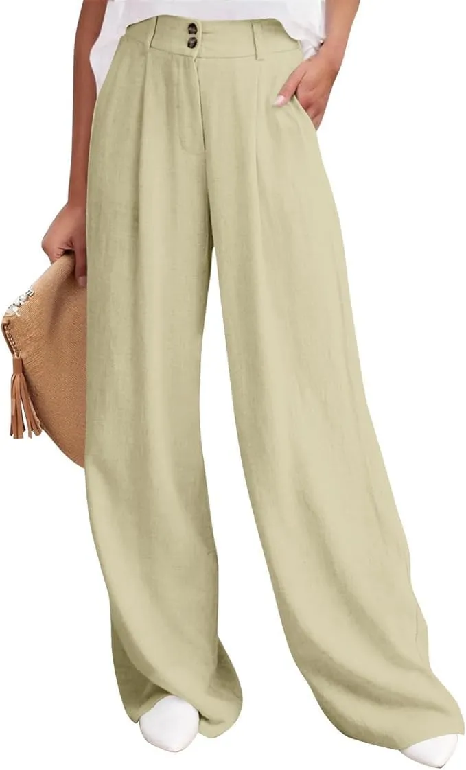 Womens High Waist Drape Button Wide-Leg Pants Casual Dress Trendy Office Work Palazzo Trousers Loose Stretch Pant
