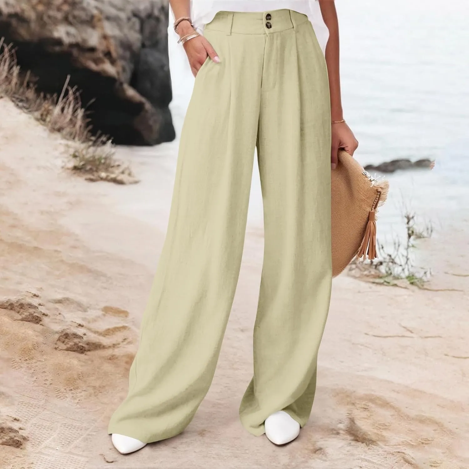 Womens High Waist Drape Button Wide-Leg Pants Casual Dress Trendy Office Work Palazzo Trousers Loose Stretch Pant