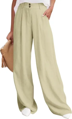Womens High Waist Drape Button Wide-Leg Pants Casual Dress Trendy Office Work Palazzo Trousers Loose Stretch Pant