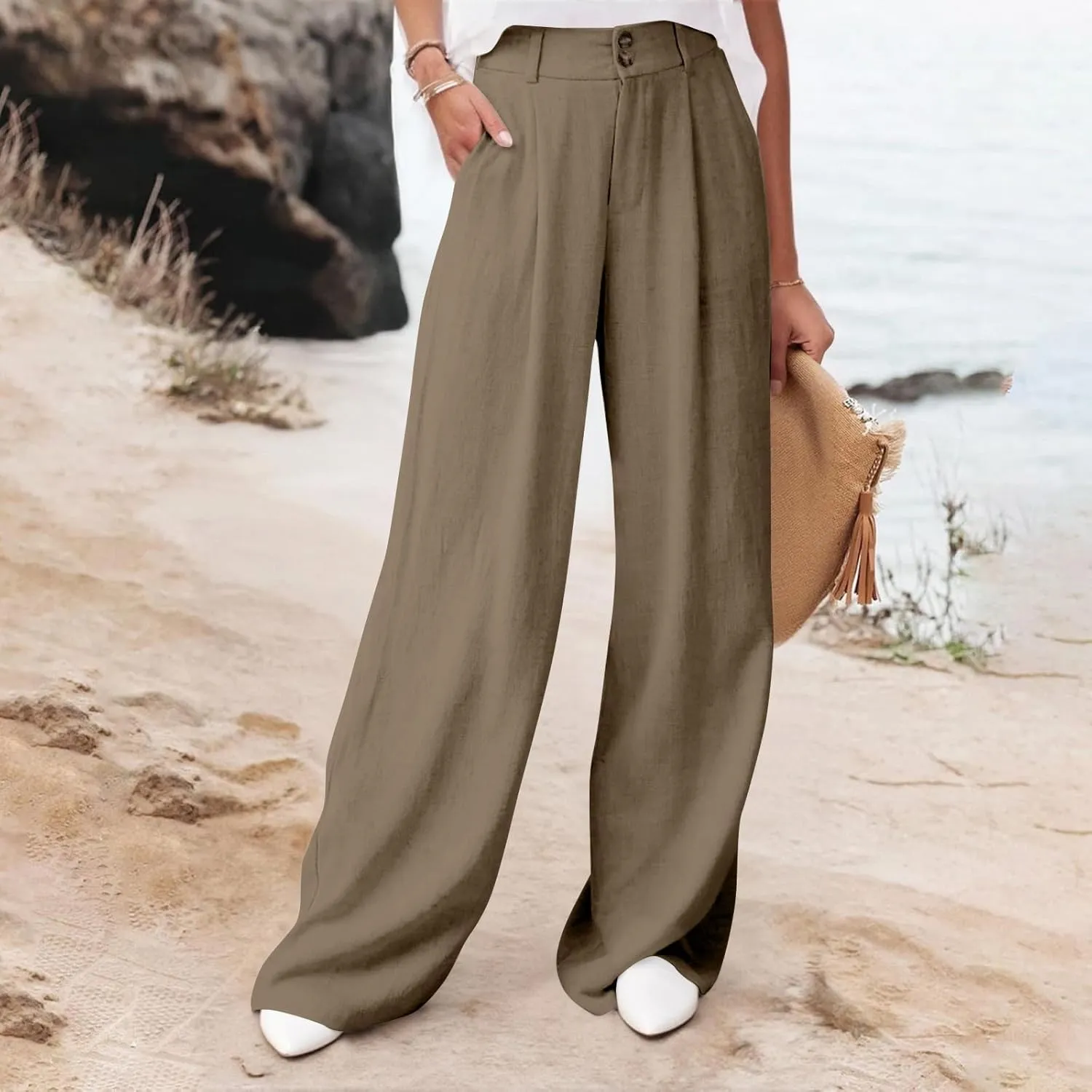Womens High Waist Drape Button Wide-Leg Pants Casual Dress Trendy Office Work Palazzo Trousers Loose Stretch Pant