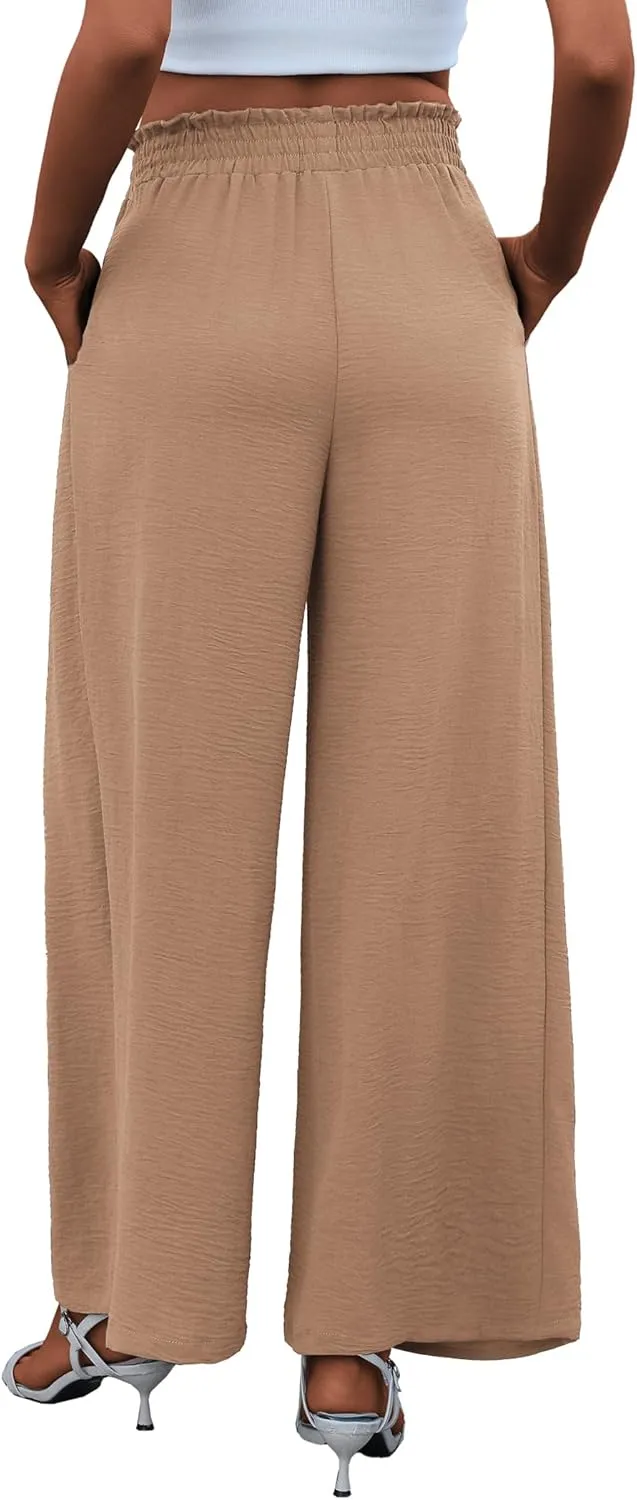 Women's High Waist Wide Leg Long Palazzo Pants Front Knot Tie Elastic Trousers with Pockets Lounge Business Work Pants