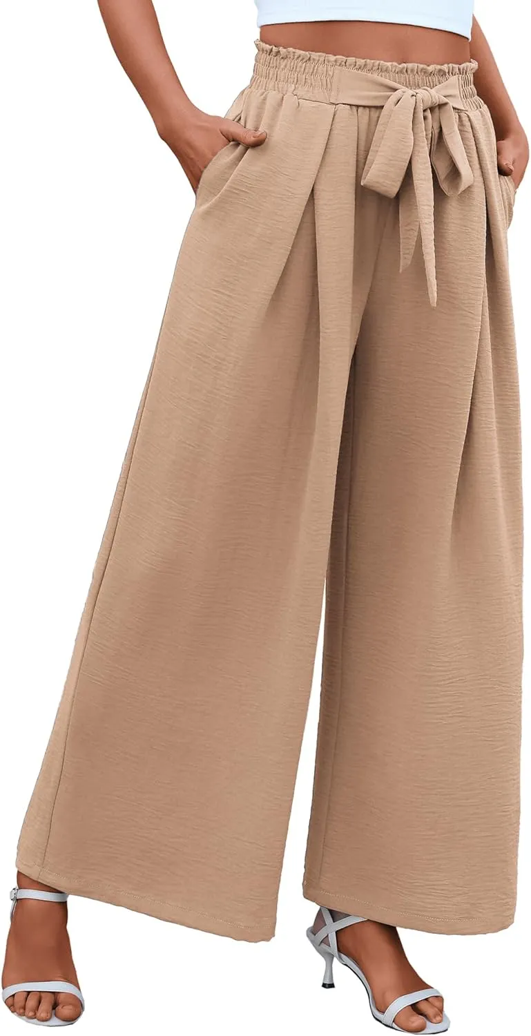 Women's High Waist Wide Leg Long Palazzo Pants Front Knot Tie Elastic Trousers with Pockets Lounge Business Work Pants
