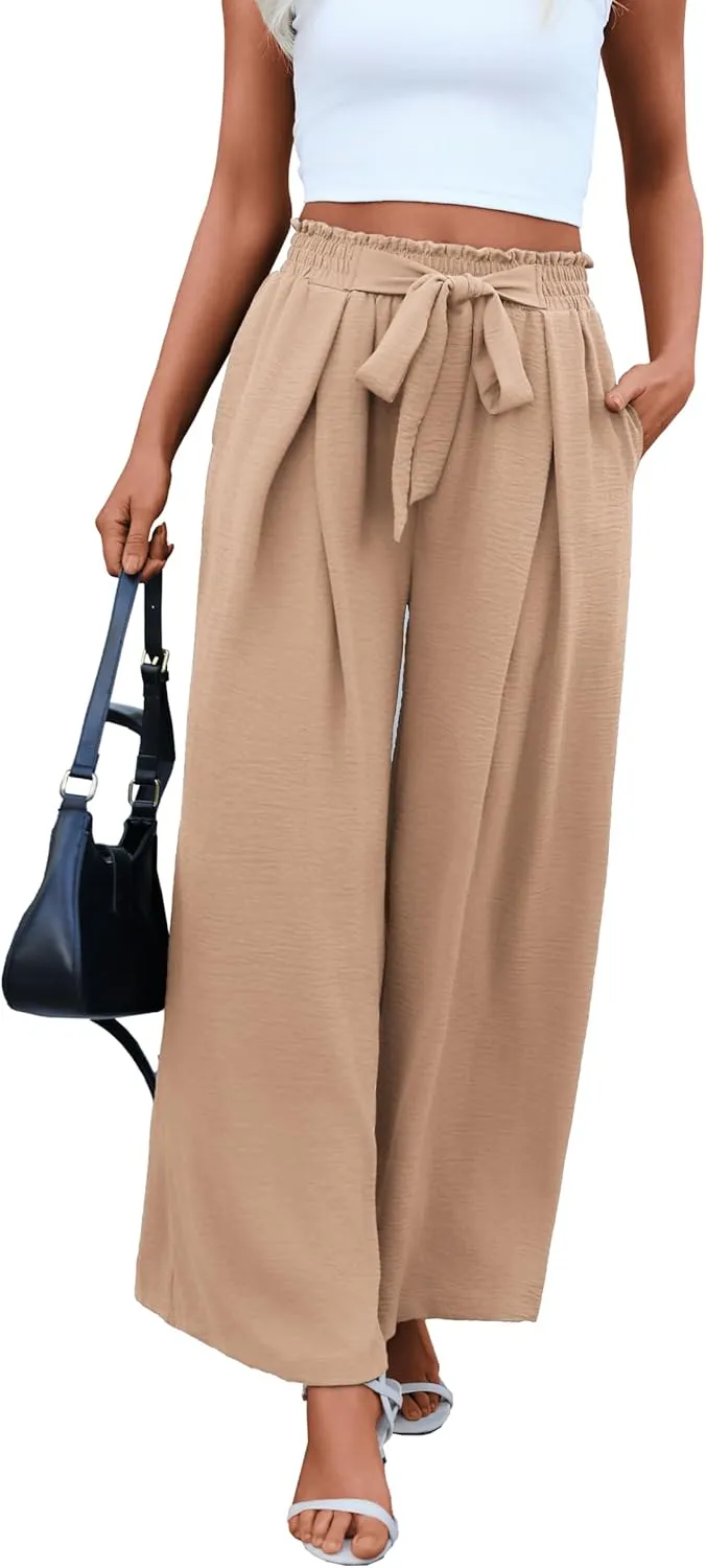Women's High Waist Wide Leg Long Palazzo Pants Front Knot Tie Elastic Trousers with Pockets Lounge Business Work Pants