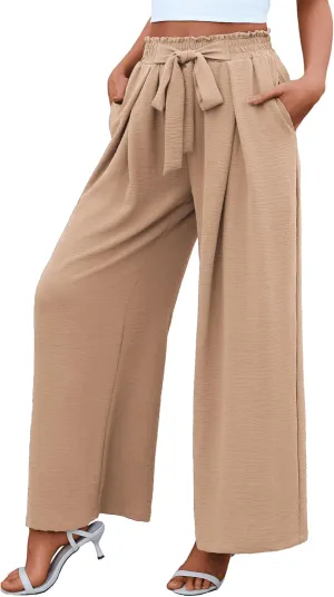 Women's High Waist Wide Leg Long Palazzo Pants Front Knot Tie Elastic Trousers with Pockets Lounge Business Work Pants