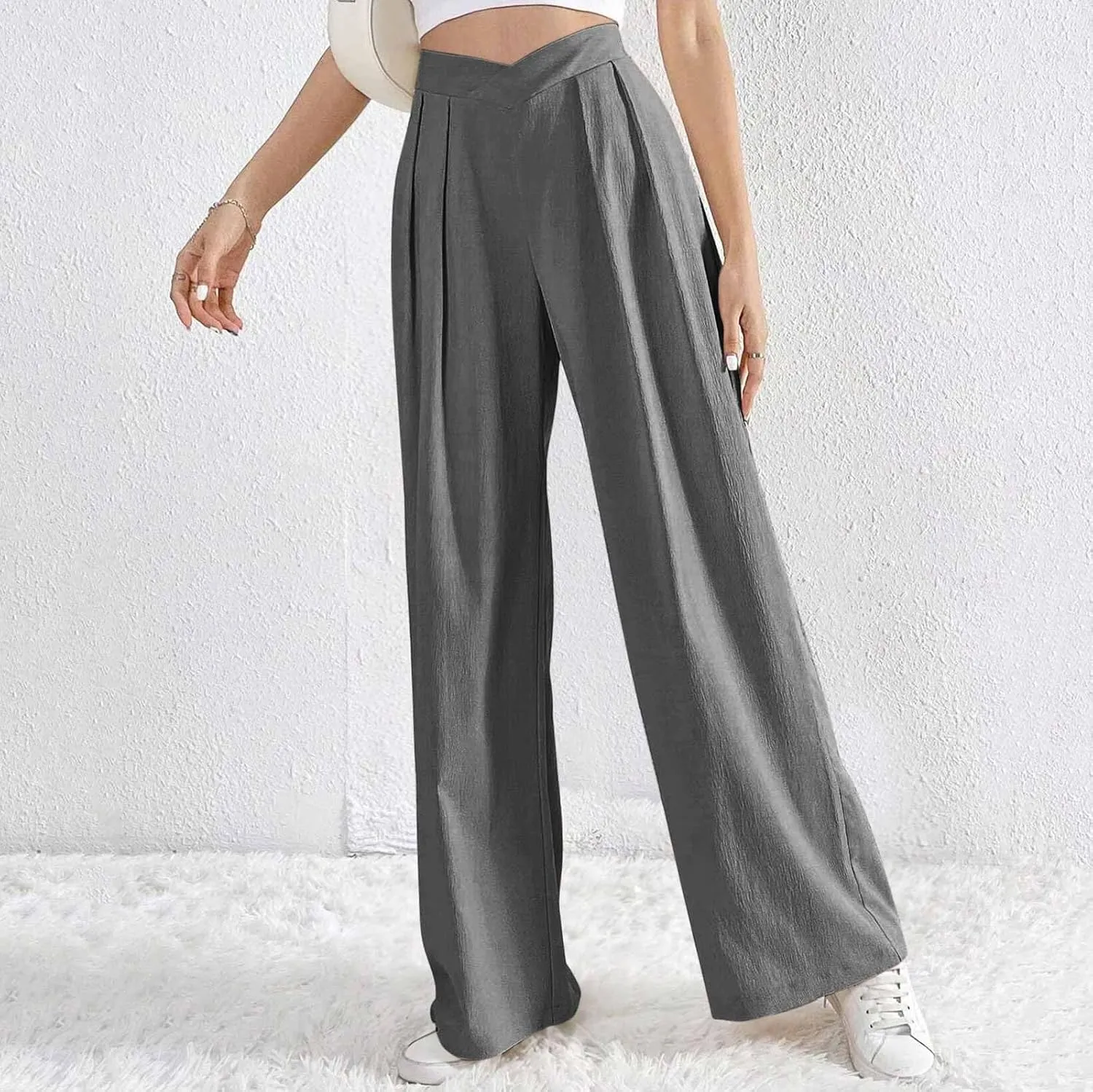 Womens Linen Pants Summer Casual Wide Leg Palazzo Pants Loose Fit Pleated High Waist Work Slack Flowy Beach Trousers