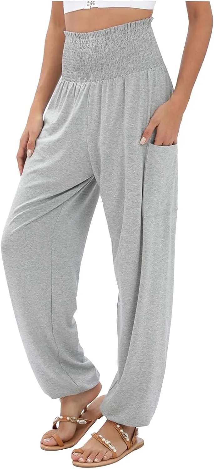 Women's Linen Summer Drawstring Palazzo Pants Low Waist Baggy Stretchy Slim Fit Pant Trousers Business Work