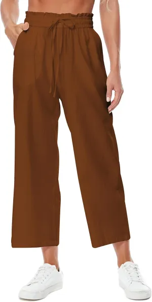 Womens Linen Wide Leg Pants High Waisted Drawstring Baggy Loose Beach Pants with Pockets
