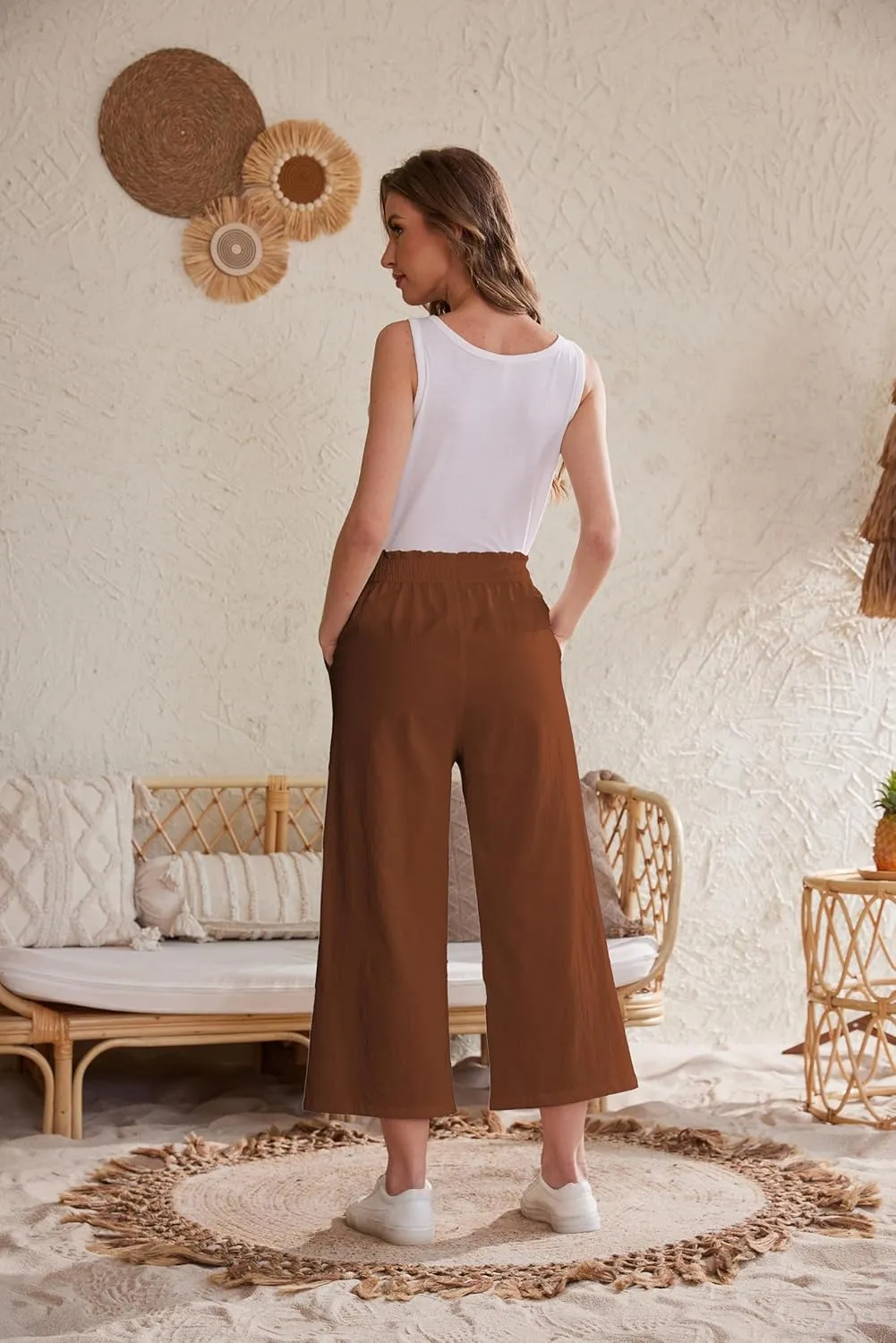 Womens Linen Wide Leg Pants High Waisted Drawstring Baggy Loose Beach Pants with Pockets
