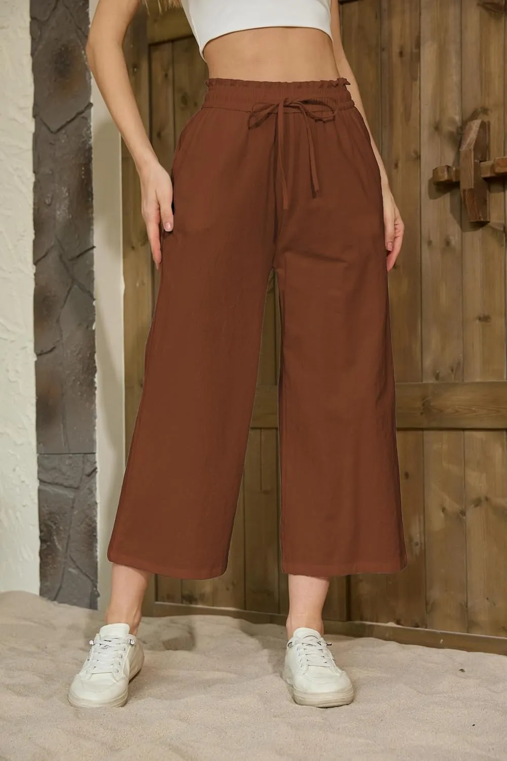 Womens Linen Wide Leg Pants High Waisted Drawstring Baggy Loose Beach Pants with Pockets