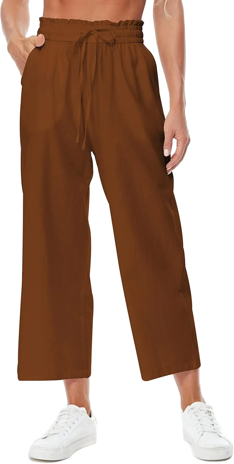 Womens Linen Wide Leg Pants High Waisted Drawstring Baggy Loose Beach Pants with Pockets