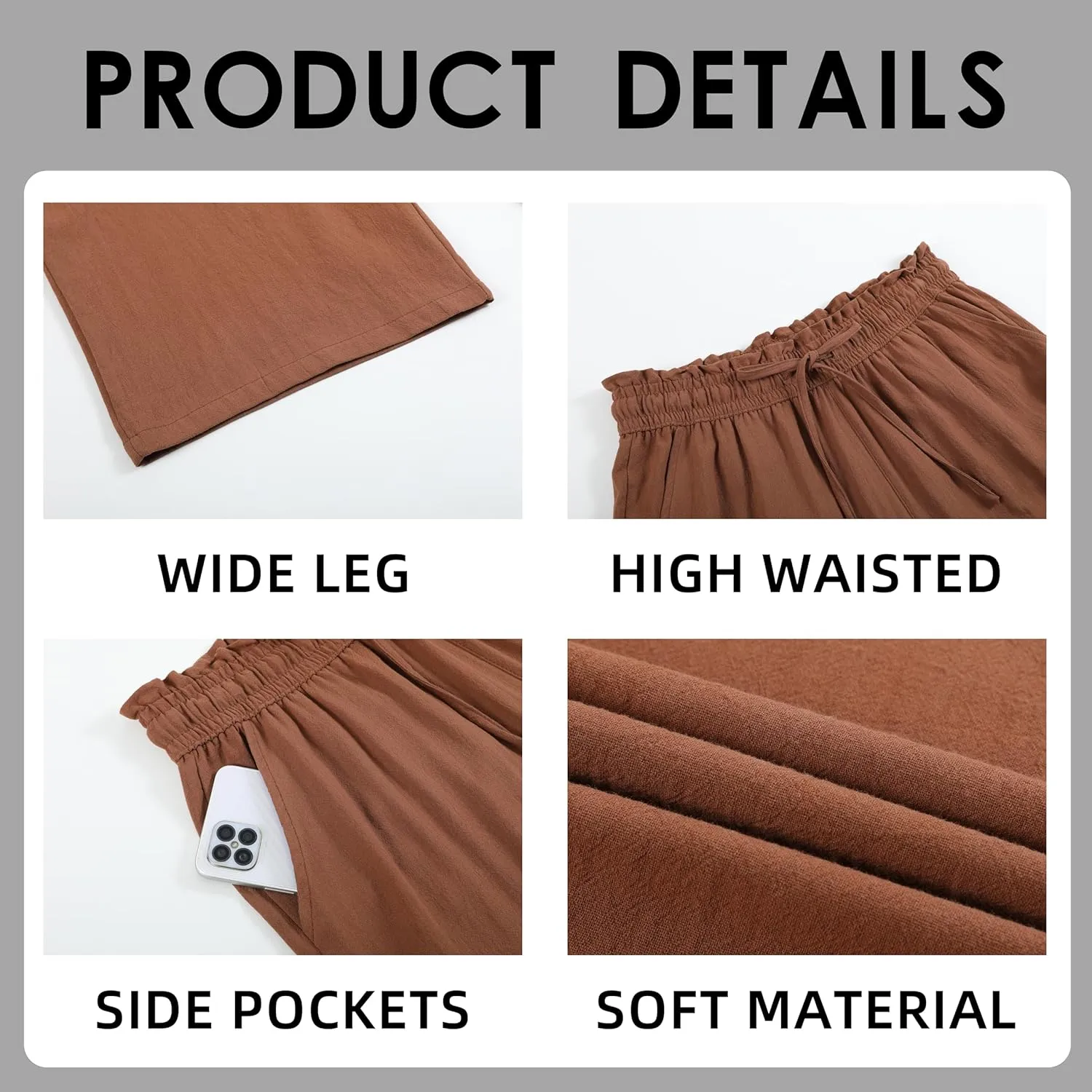 Womens Linen Wide Leg Pants High Waisted Drawstring Baggy Loose Beach Pants with Pockets
