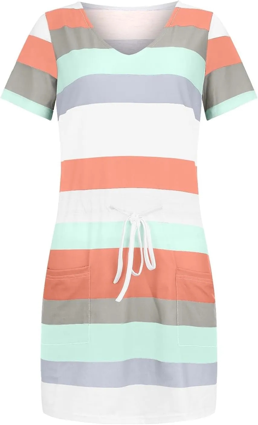 Women's Mini Dresses Summer Short Sleeve V Neck Tops Dress Elastic Waist Drawstring Dress Casual Striped Dresses
