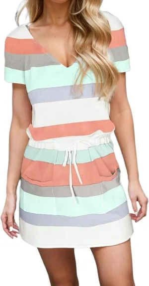 Women's Mini Dresses Summer Short Sleeve V Neck Tops Dress Elastic Waist Drawstring Dress Casual Striped Dresses