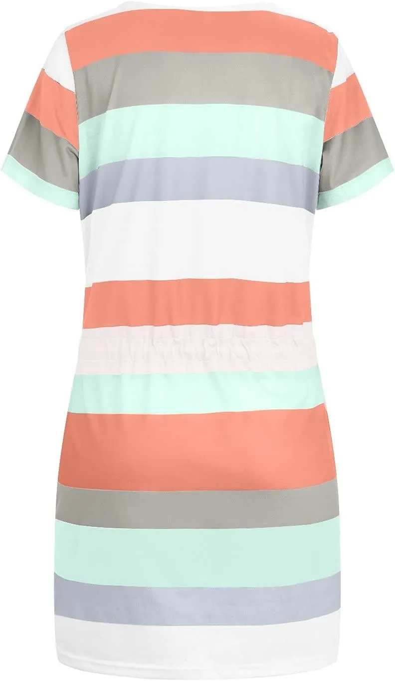 Women's Mini Dresses Summer Short Sleeve V Neck Tops Dress Elastic Waist Drawstring Dress Casual Striped Dresses