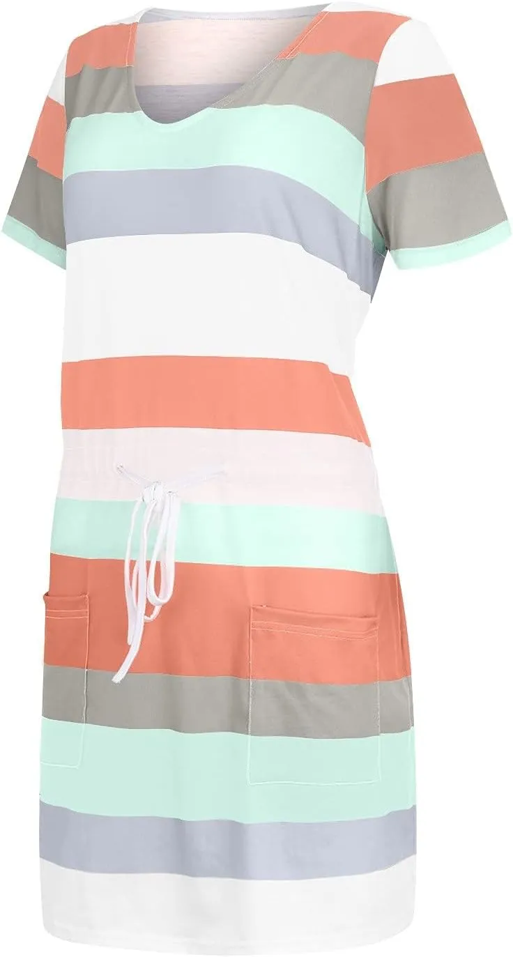 Women's Mini Dresses Summer Short Sleeve V Neck Tops Dress Elastic Waist Drawstring Dress Casual Striped Dresses