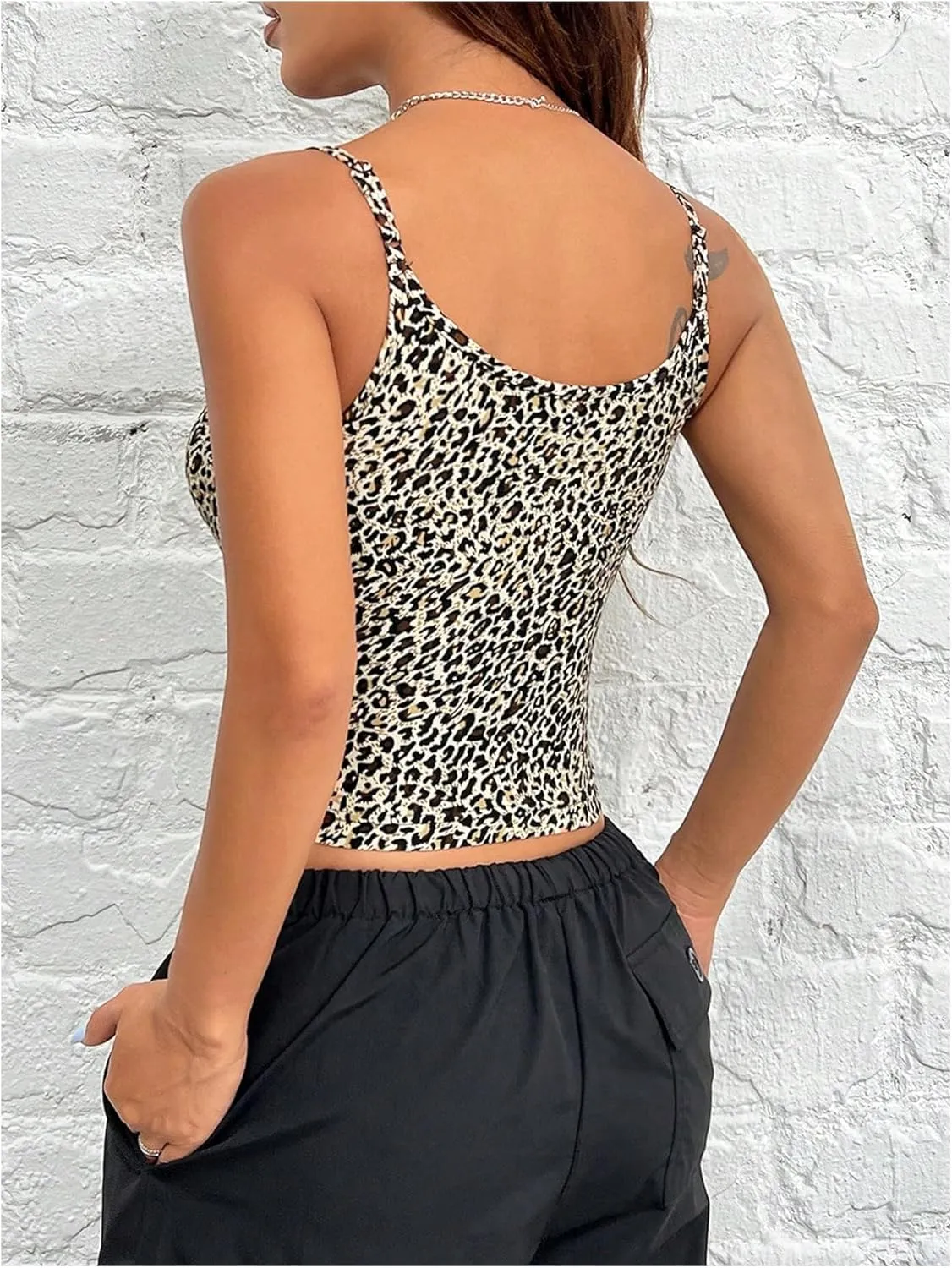 Women's Petite Leopard Cami Y2K Scoop Neck Camisole Cheetah Summer Slim Fit Cami Crop Tops Tank Top