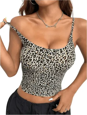 Women's Petite Leopard Cami Y2K Scoop Neck Camisole Cheetah Summer Slim Fit Cami Crop Tops Tank Top