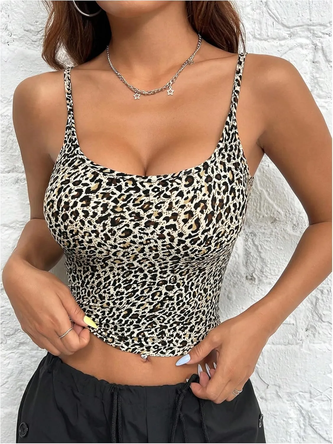 Women's Petite Leopard Cami Y2K Scoop Neck Camisole Cheetah Summer Slim Fit Cami Crop Tops Tank Top