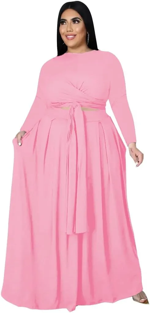 Womens Plus Size 2 Piece Dress Outfits Long Sleeve Bandage Wrap Crop Tops Maxi Skirt Set Dress
