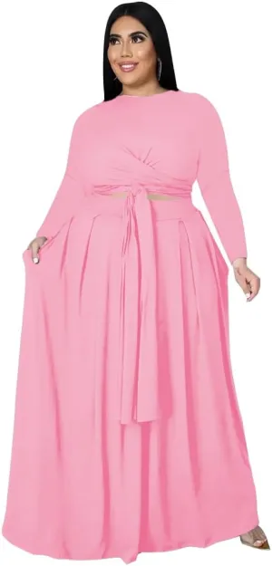 Womens Plus Size 2 Piece Dress Outfits Long Sleeve Bandage Wrap Crop Tops Maxi Skirt Set Dress