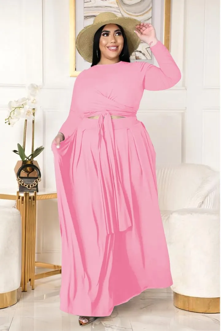 Womens Plus Size 2 Piece Dress Outfits Long Sleeve Bandage Wrap Crop Tops Maxi Skirt Set Dress