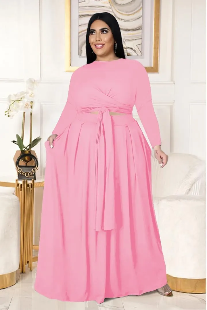 Womens Plus Size 2 Piece Dress Outfits Long Sleeve Bandage Wrap Crop Tops Maxi Skirt Set Dress