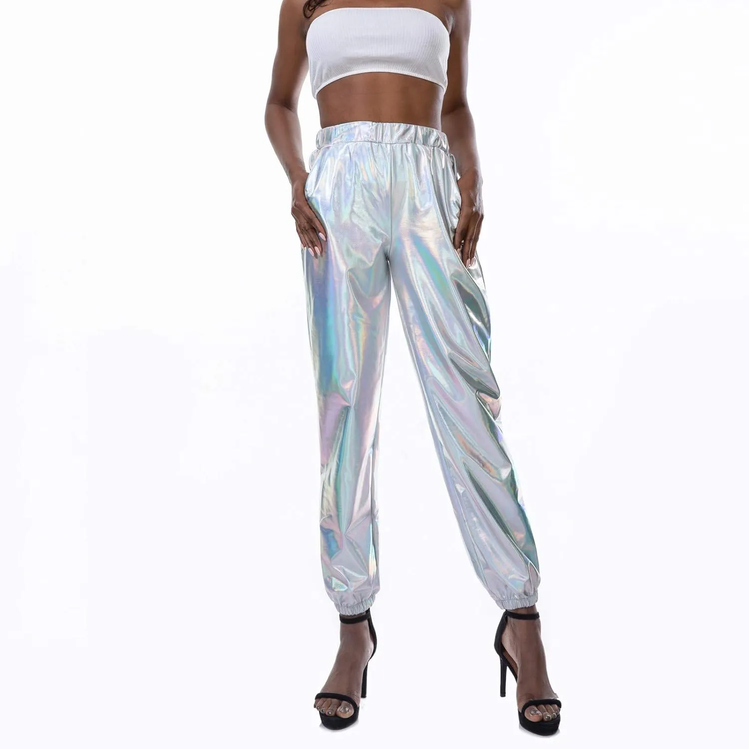 Womens Shiny Metallic High Waist Jogger Pants Hip Hop Clubwear Holographic Trousers Sweatpant 70s 80s Disco Outfits
