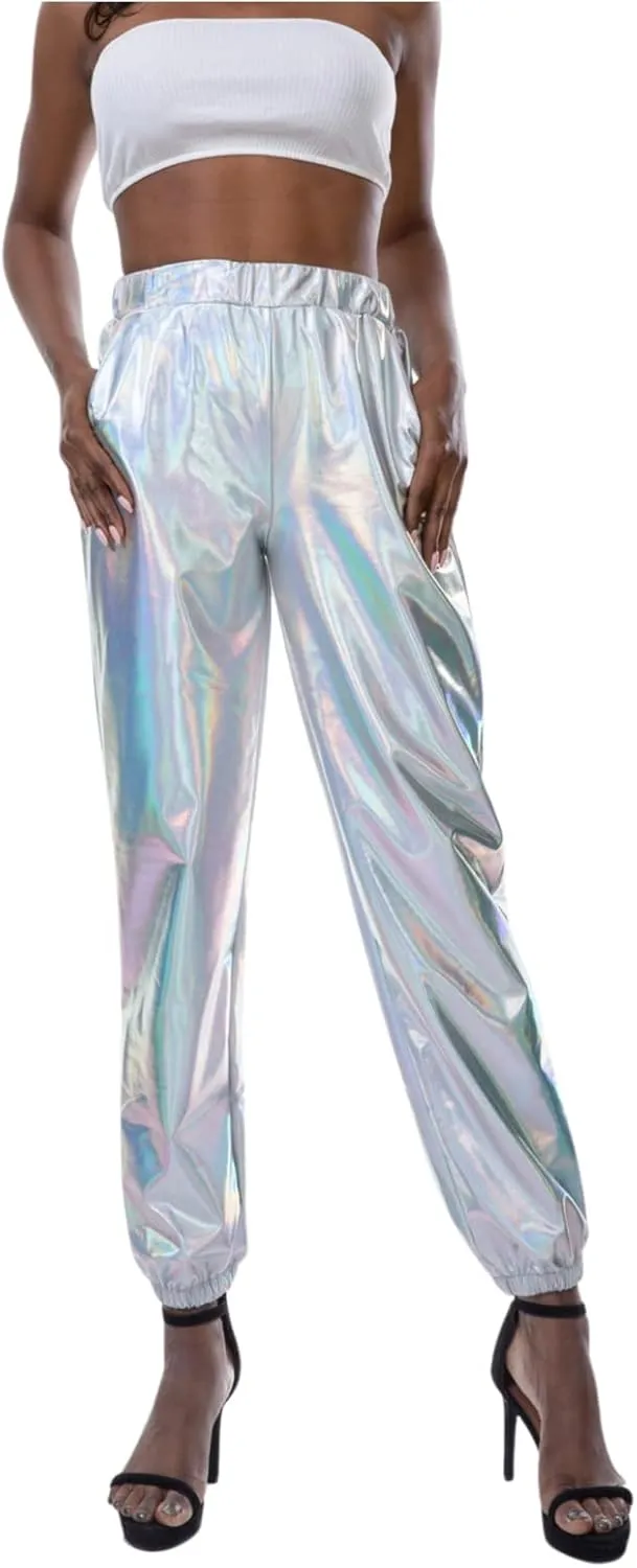 Womens Shiny Metallic High Waist Jogger Pants Hip Hop Clubwear Holographic Trousers Sweatpant 70s 80s Disco Outfits