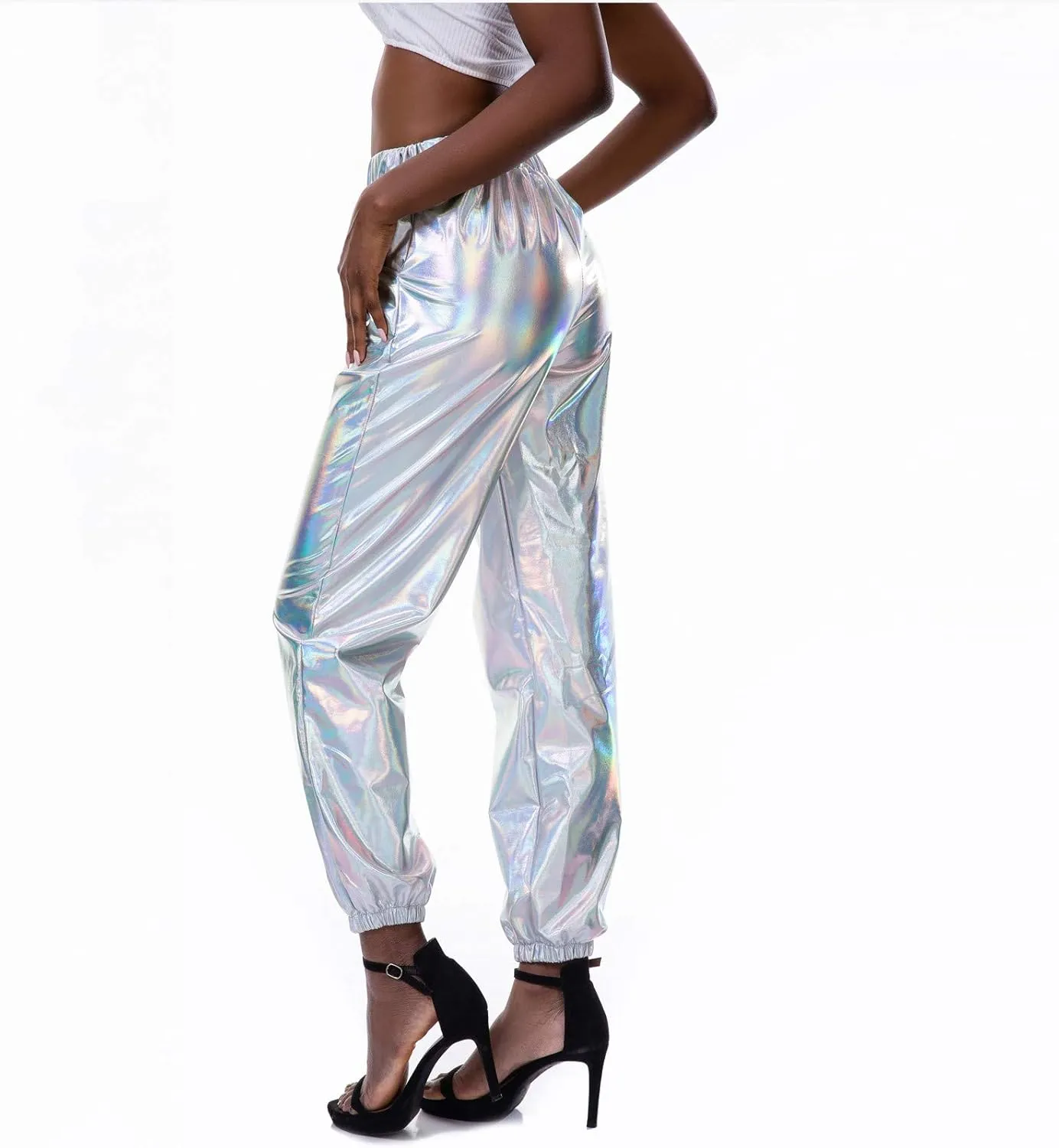 Womens Shiny Metallic High Waist Jogger Pants Hip Hop Clubwear Holographic Trousers Sweatpant 70s 80s Disco Outfits