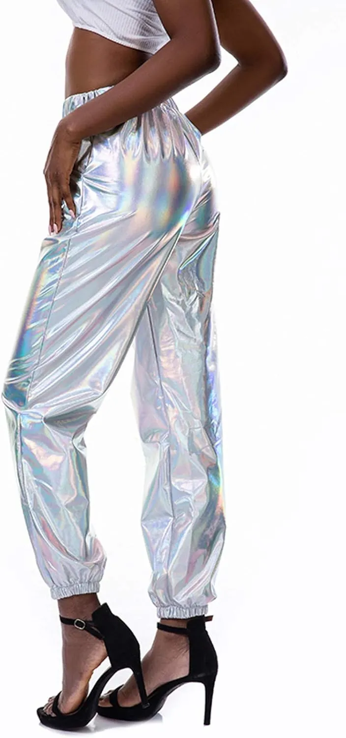 Womens Shiny Metallic High Waist Jogger Pants Hip Hop Clubwear Holographic Trousers Sweatpant 70s 80s Disco Outfits