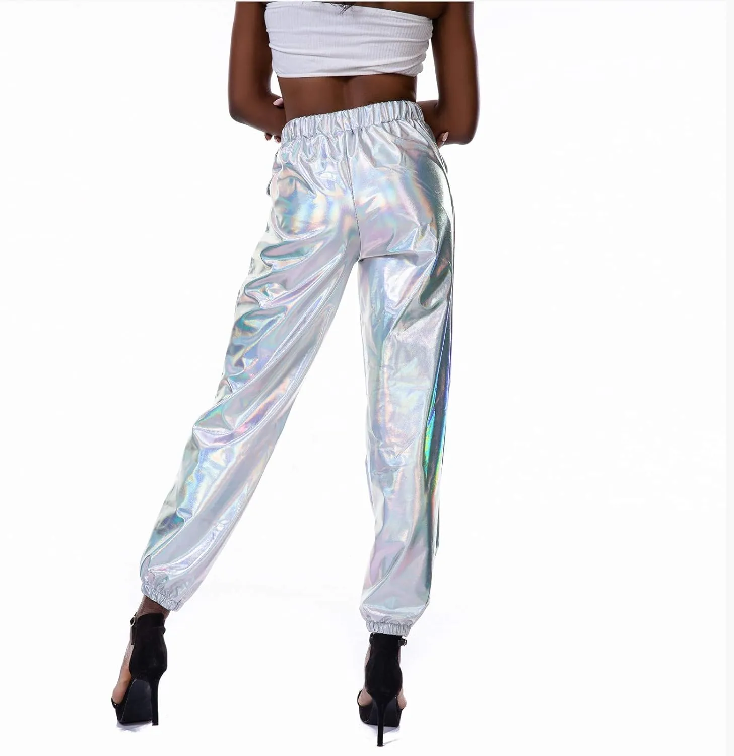 Womens Shiny Metallic High Waist Jogger Pants Hip Hop Clubwear Holographic Trousers Sweatpant 70s 80s Disco Outfits