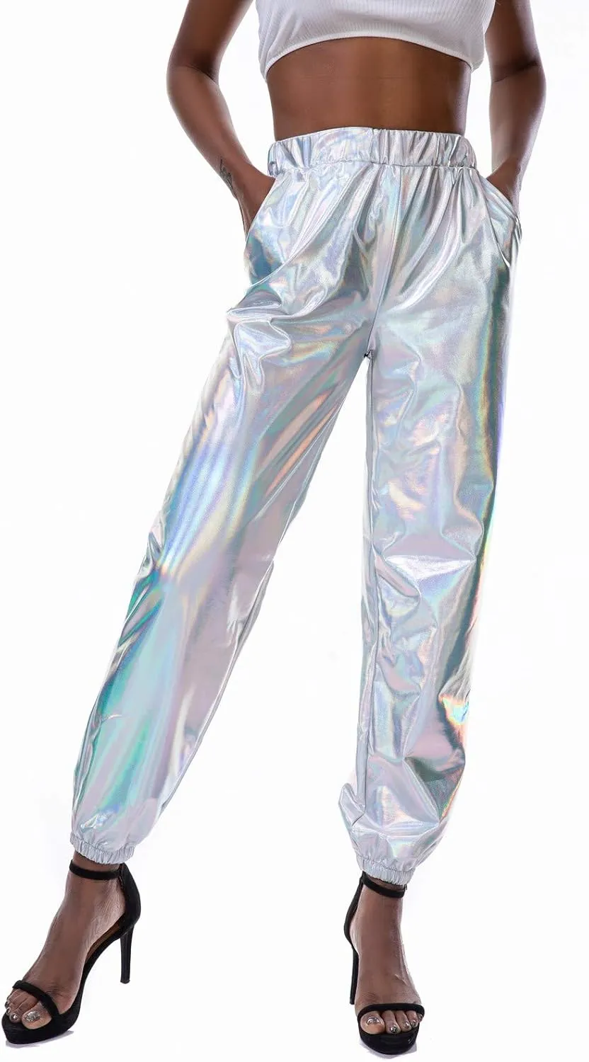 Womens Shiny Metallic High Waist Jogger Pants Hip Hop Clubwear Holographic Trousers Sweatpant 70s 80s Disco Outfits