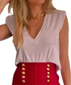 Women's Shoulder Pad Blouse Shirt High Street Outfit Sleeveless V Neck Office Lady Wide Shoulder Tank Tops