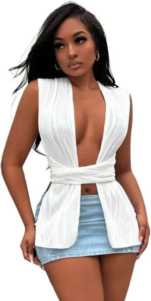 Womens Sleeveless Camisole Tank Tops Blouse Hollow Out Front Tie Waist Cropped Tank Top