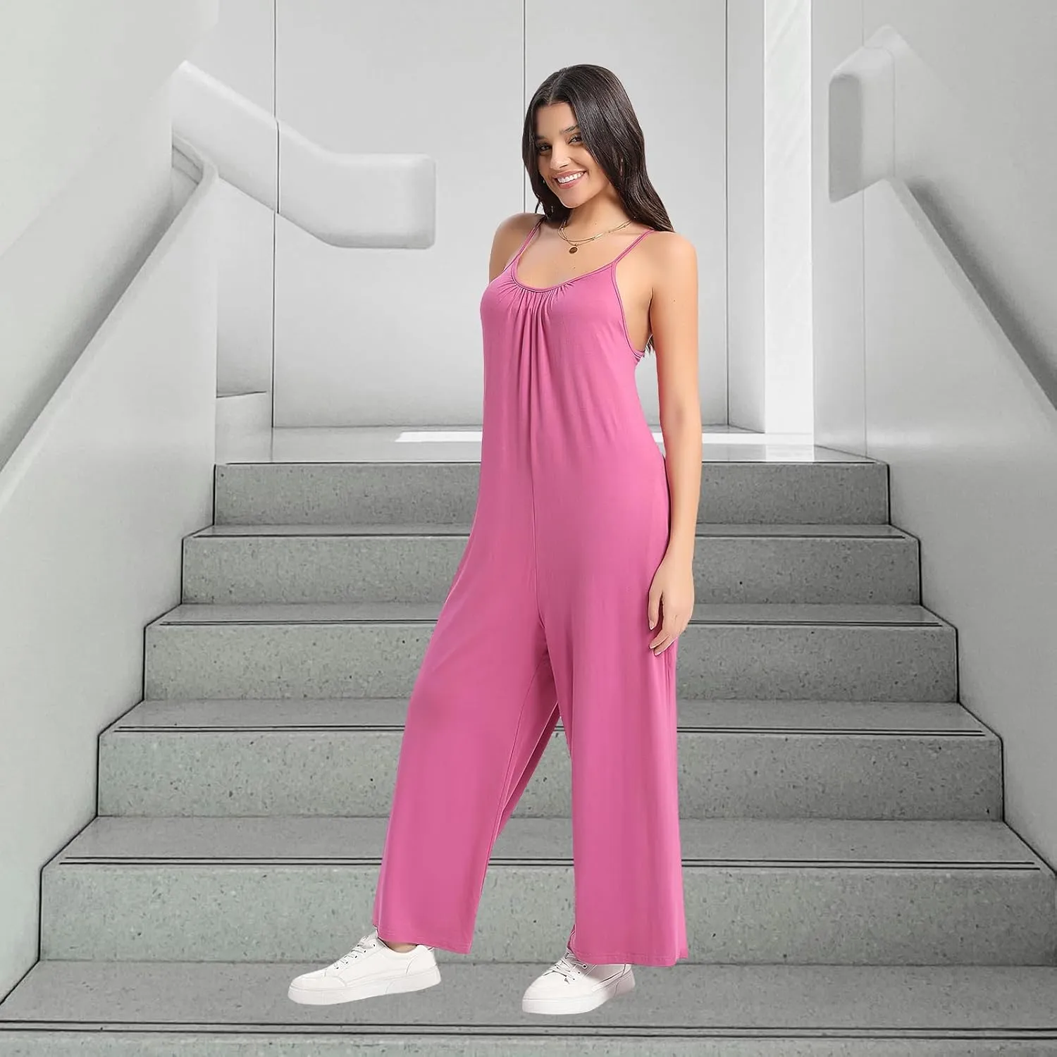 Womens Summer Loose Sleeveless Adjustable Spaghetti Strap Stretchy Jumpsuits with Pockets Long Pants Wide Leg Rompers