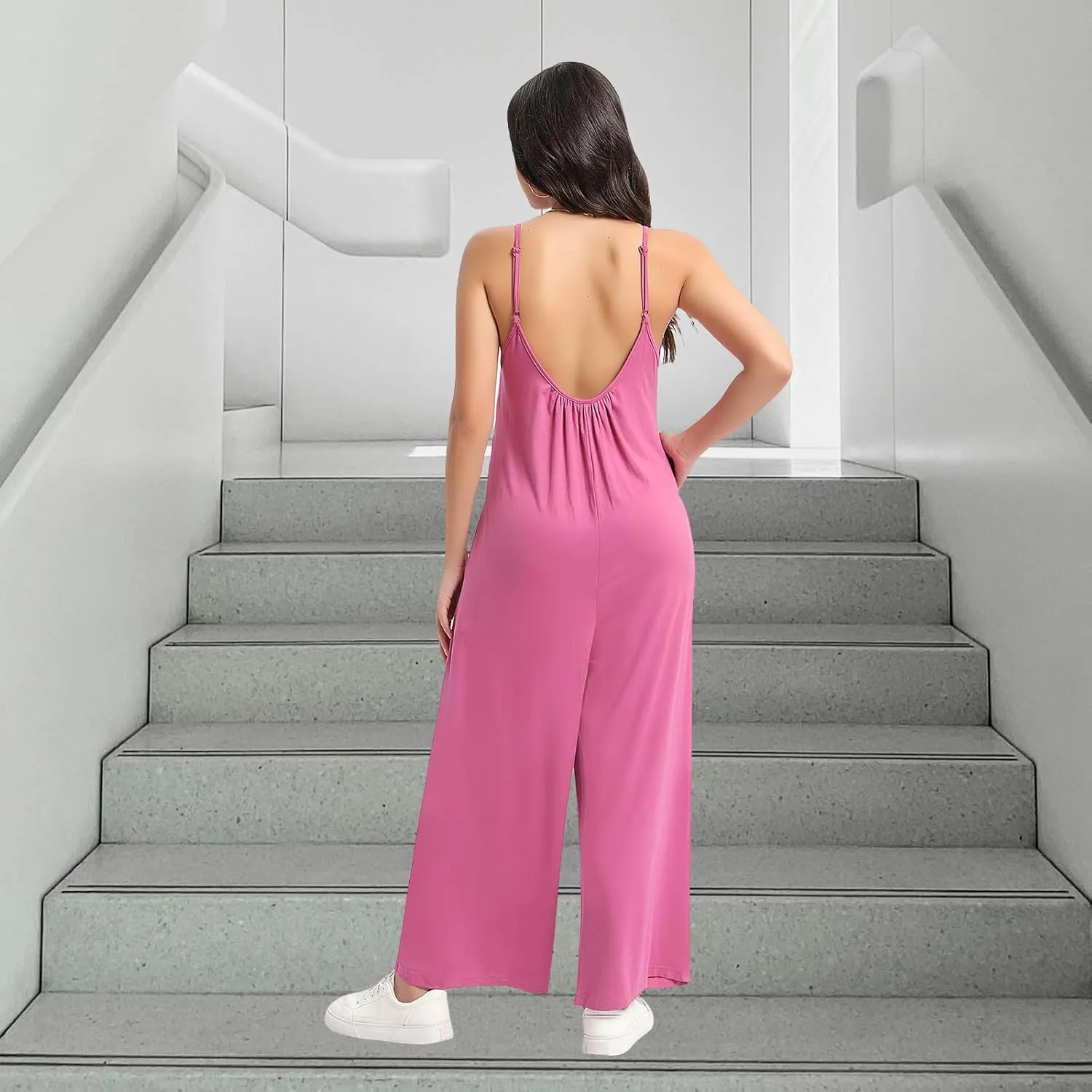 Womens Summer Loose Sleeveless Adjustable Spaghetti Strap Stretchy Jumpsuits with Pockets Long Pants Wide Leg Rompers