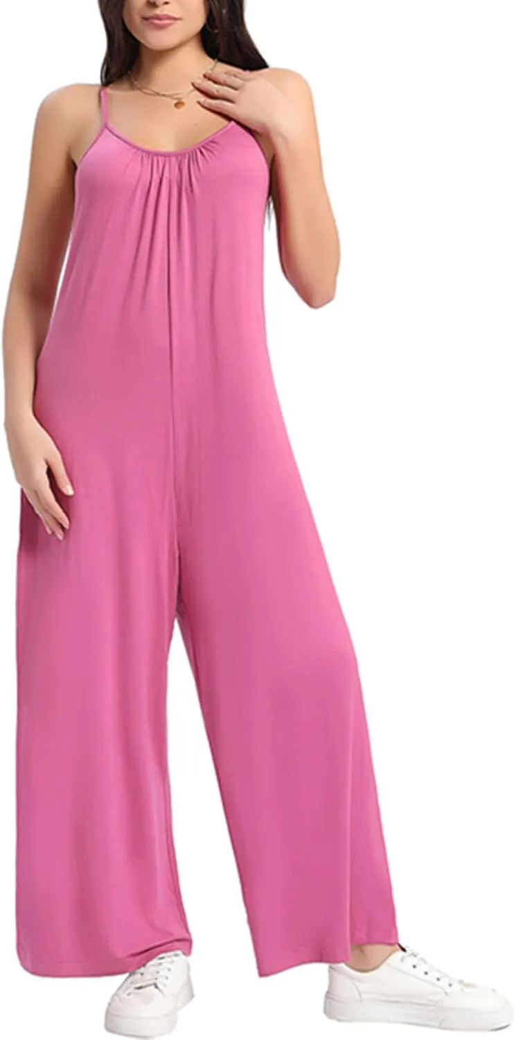 Womens Summer Loose Sleeveless Adjustable Spaghetti Strap Stretchy Jumpsuits with Pockets Long Pants Wide Leg Rompers