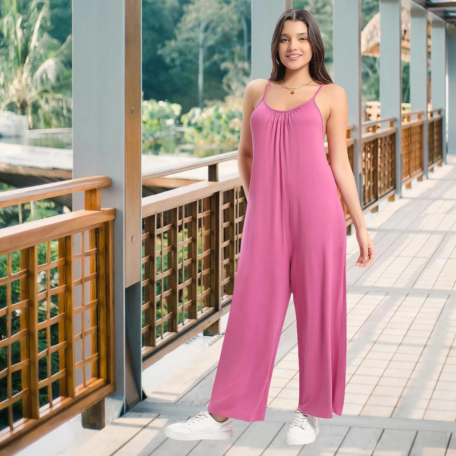 Womens Summer Loose Sleeveless Adjustable Spaghetti Strap Stretchy Jumpsuits with Pockets Long Pants Wide Leg Rompers